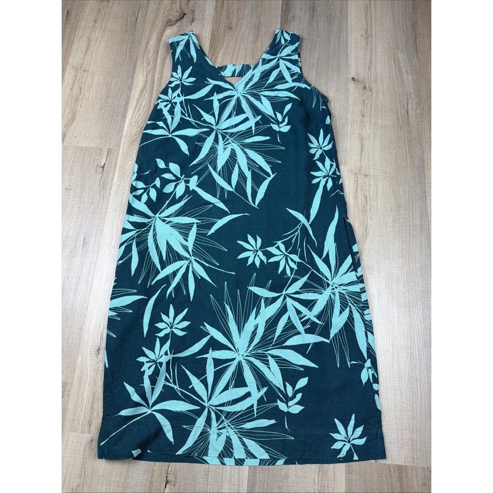 Bonmarche Size 12 Linen Blend Shift Dress Teal Tropical Leaf Sleeveless Pockets